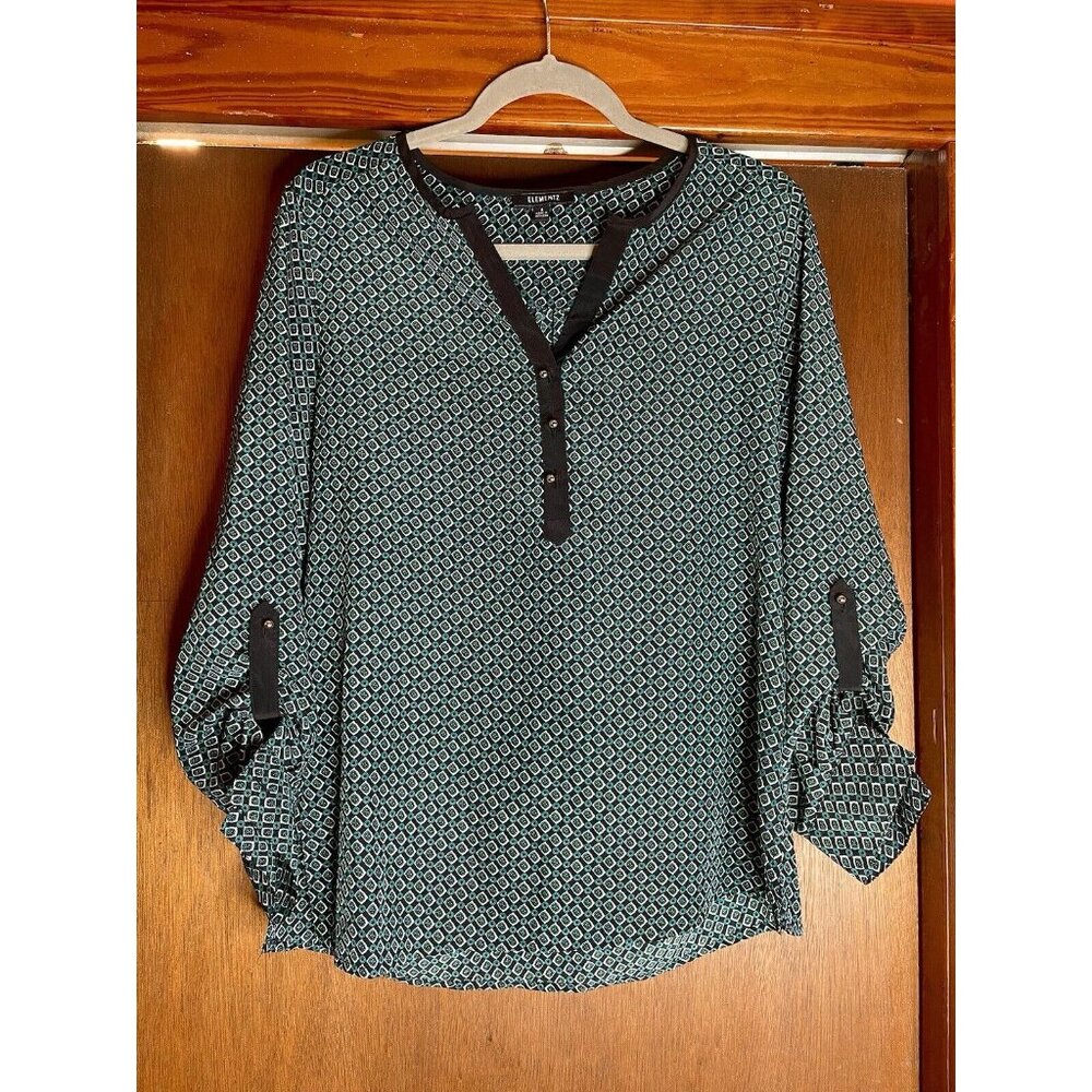 ELEMENTZ S Green black Button Down SHIRT BLOUSE 3/4 Sleeve